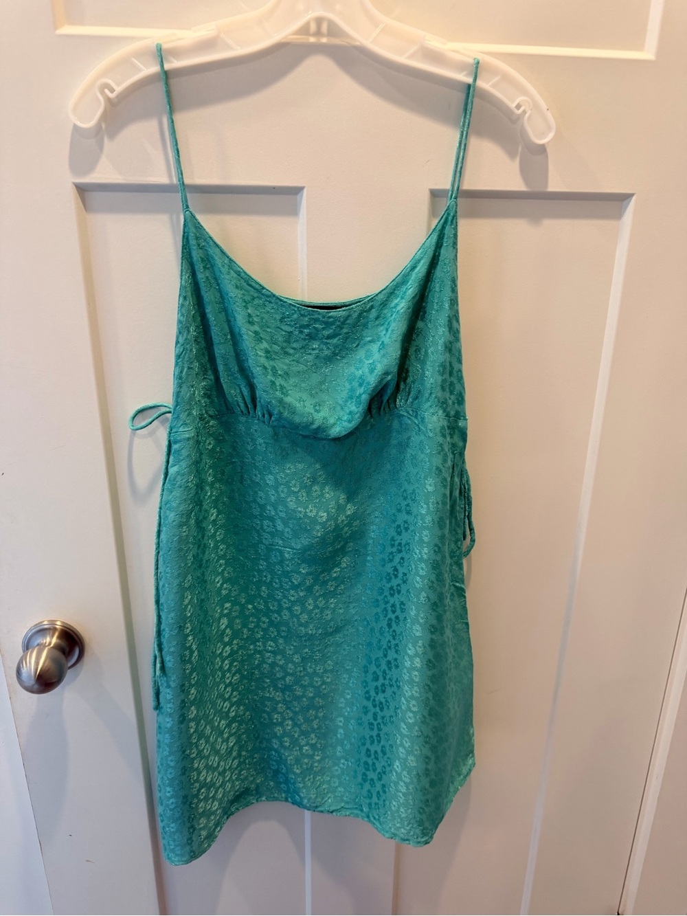 Motel Rocks Medium Teal Satin Jacquard Cowl Neck Tie Mini Dress